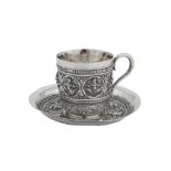 A late 19th / early 20th century Anglo – Indian Raj unmarked silver cup and saucer, Madras circa