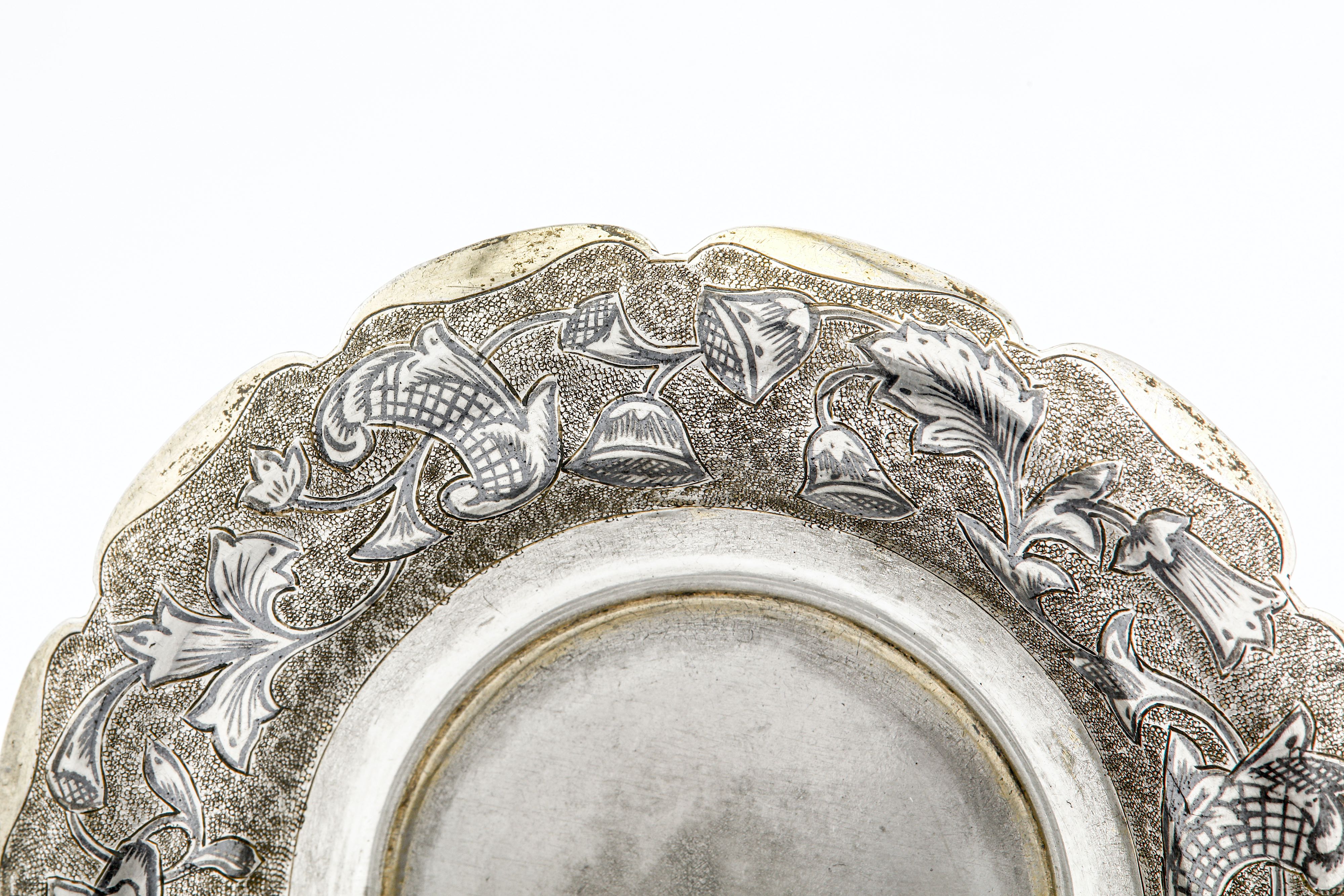 An Alexander II Russian provincial parcel gilt and niello 84 zolotnik (875 standard) silver saucer, - Image 2 of 3