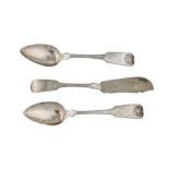 A pair of mid-19th American coin silver dessert spoons, New York, circa 1850 by Fredrick Marquand