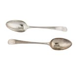 A matched pair of George III sterling silver tablespoons, London 1777 and 1784 by Hester Bateman