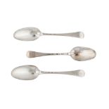 A pair of early George II sterling silver tablespoons, London 1728 by Joseph Smith I (this mark reg.