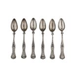 A set of six late 19th / early 20th century Ottoman Turkish 900 standard silver coffee spoons,