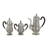 A mid-20th century Indian white metal three-piece coffee service, Bombay or Mumbai circa 1950