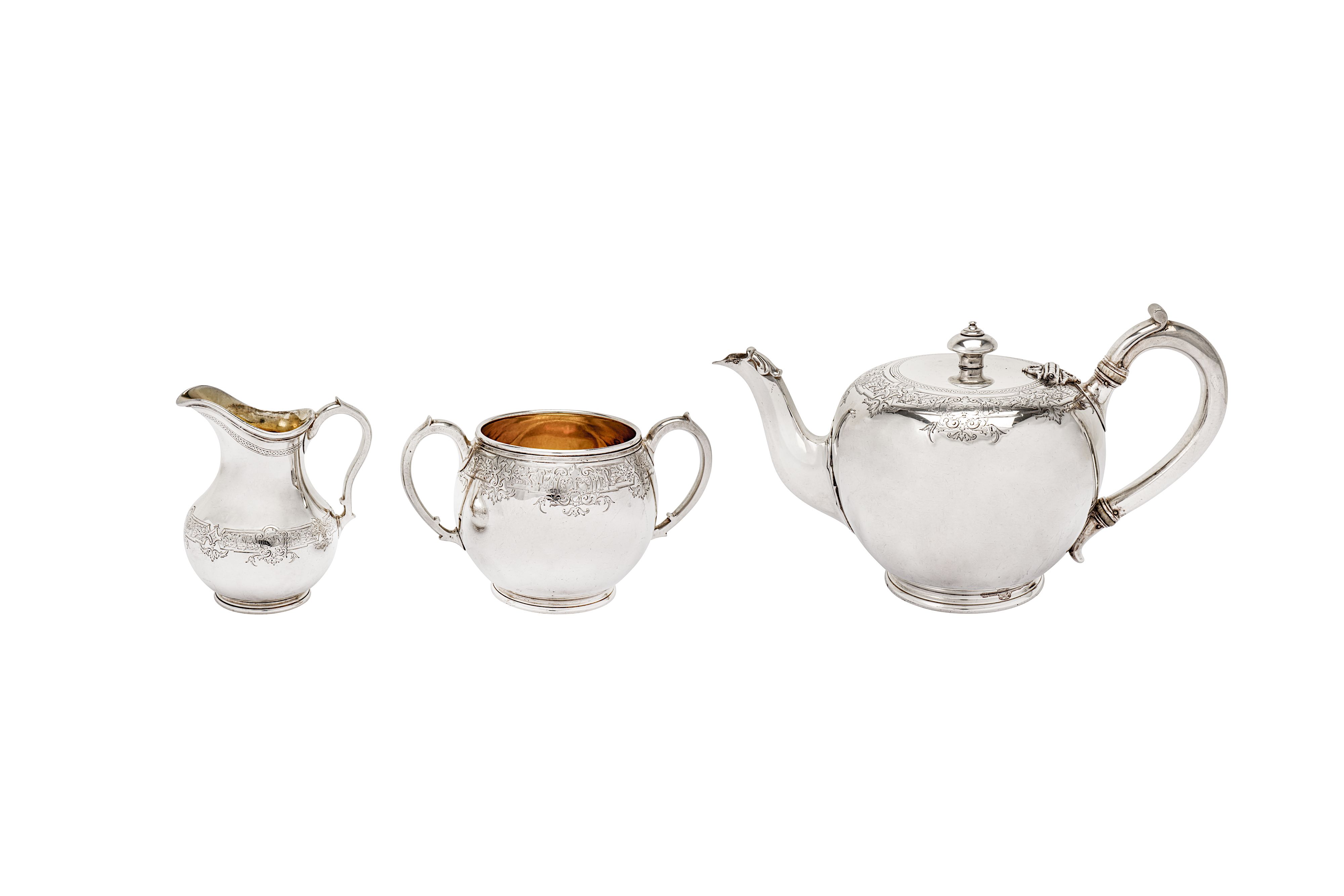 A Victorian sterling silver three-piece tea service, London 1869/70 by John Samuel Hunt and Robert