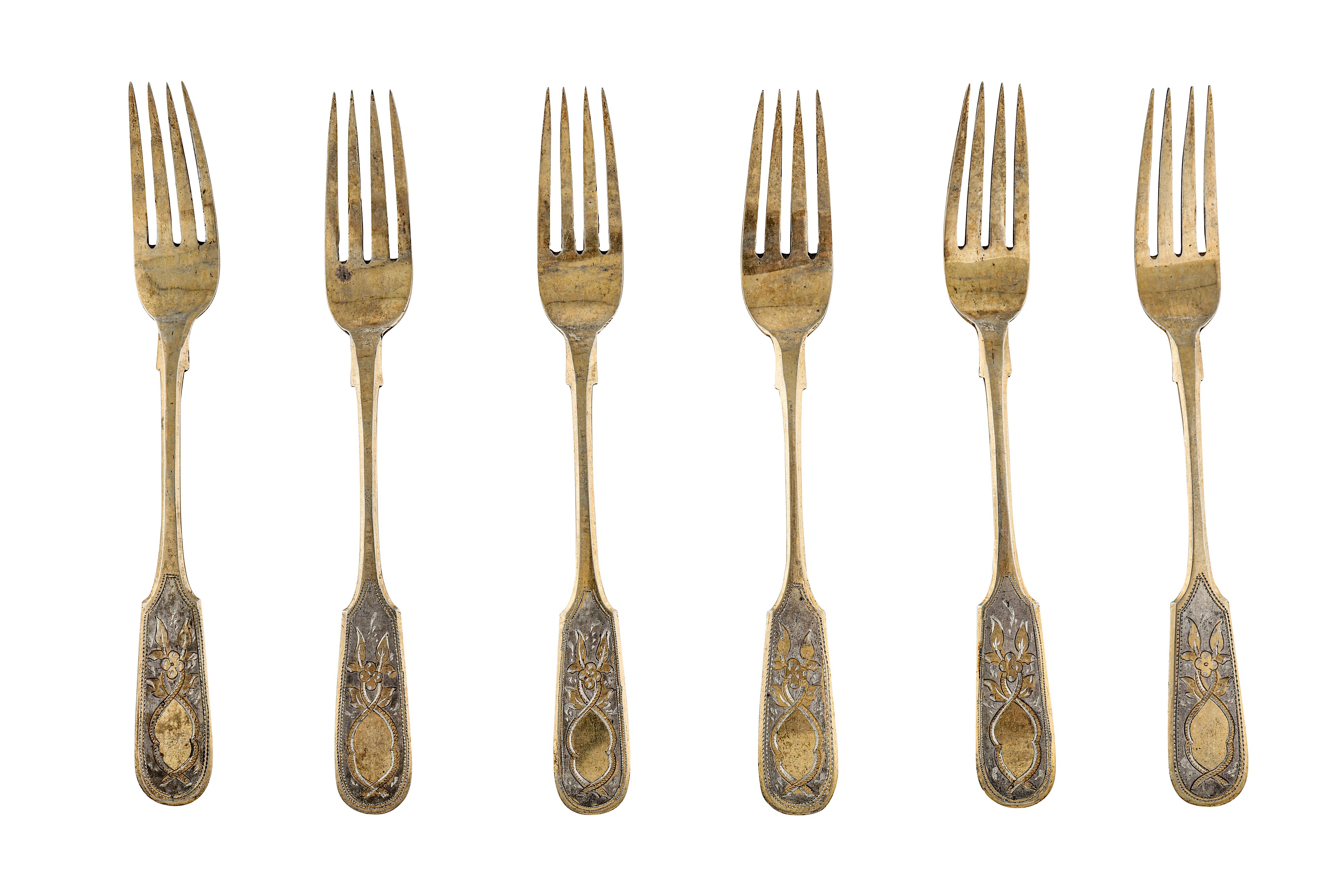 A set of six Alexander III Russian provincial parcel gilt 84 zolotnik (875 standard) dessert forks,