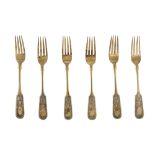 A set of six Alexander III Russian provincial parcel gilt 84 zolotnik (875 standard) dessert forks,