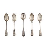 A set of four Victorian Scottish provincial sterling silver teaspoons and sugar shovel, Aberdeen