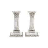 A Victorian sterling silver dwarf or desk candlesticks, Sheffield 1891 by Hawksworth, Eyre & Co Ltd