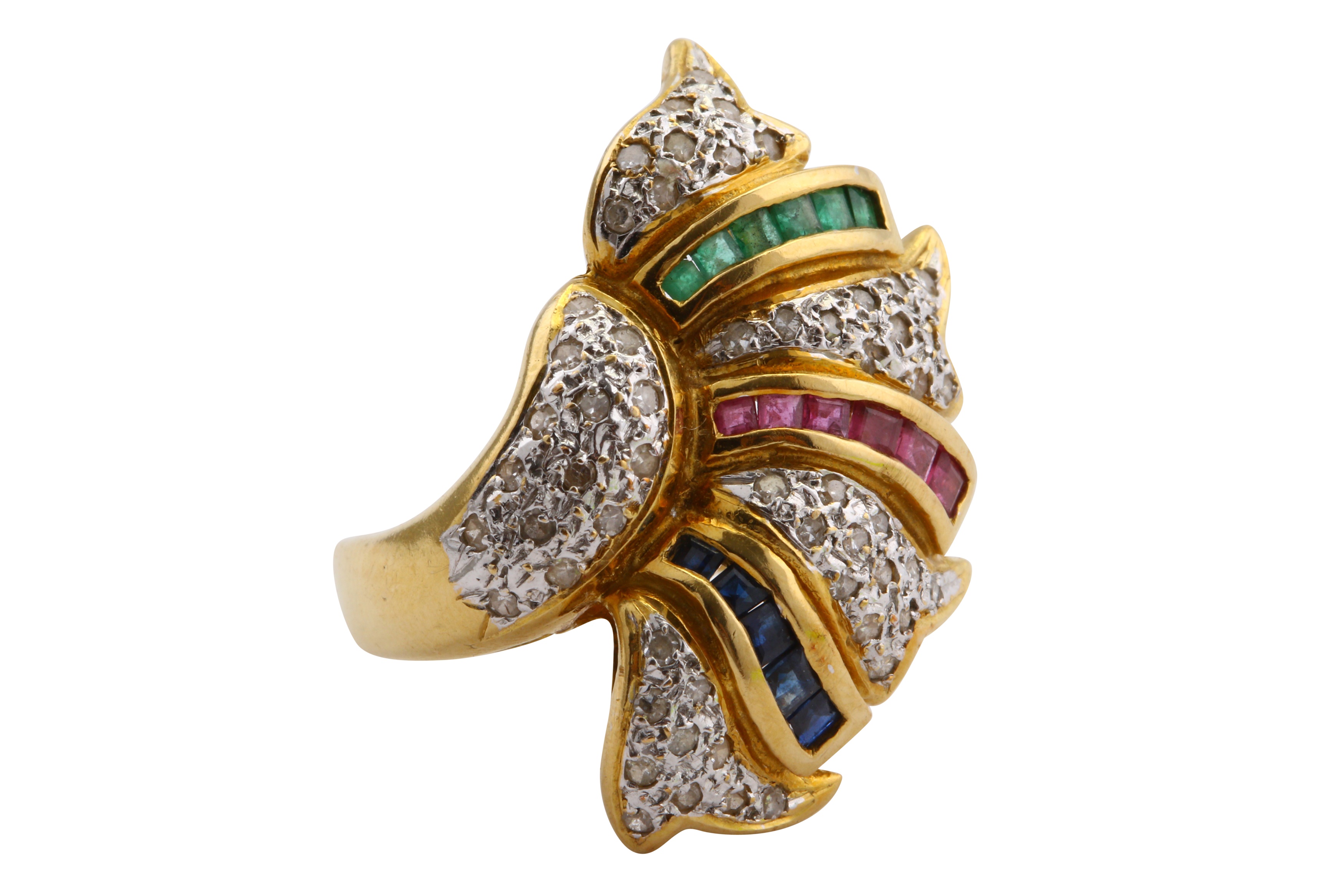 An emerald, ruby, sapphire and diamond dress ring