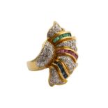 An emerald, ruby, sapphire and diamond dress ring