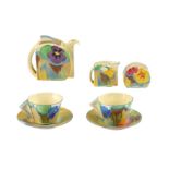 A Art Deco Clarice Cliff Fantasque Stamford tea for two in the 'Pansies' pattern