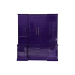 A contemporary bespoke free standing cupboard or wall unit finished in a high gloss purple