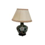 A large 20th century Chinese enameled table lamp with over sized shade