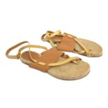 Hermes Tan and Gold Espadrille Flat Sandals - Size 37