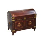 A 1960s rosewood brass inlaid trunk, matching trolley and camel stool