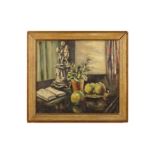 S ARMSTRONG (20TH CENTURY) Still life apples and plant and porcelain group on a table signed and