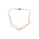 A double-strand cultured pearl necklace with an opal and diamond clasp