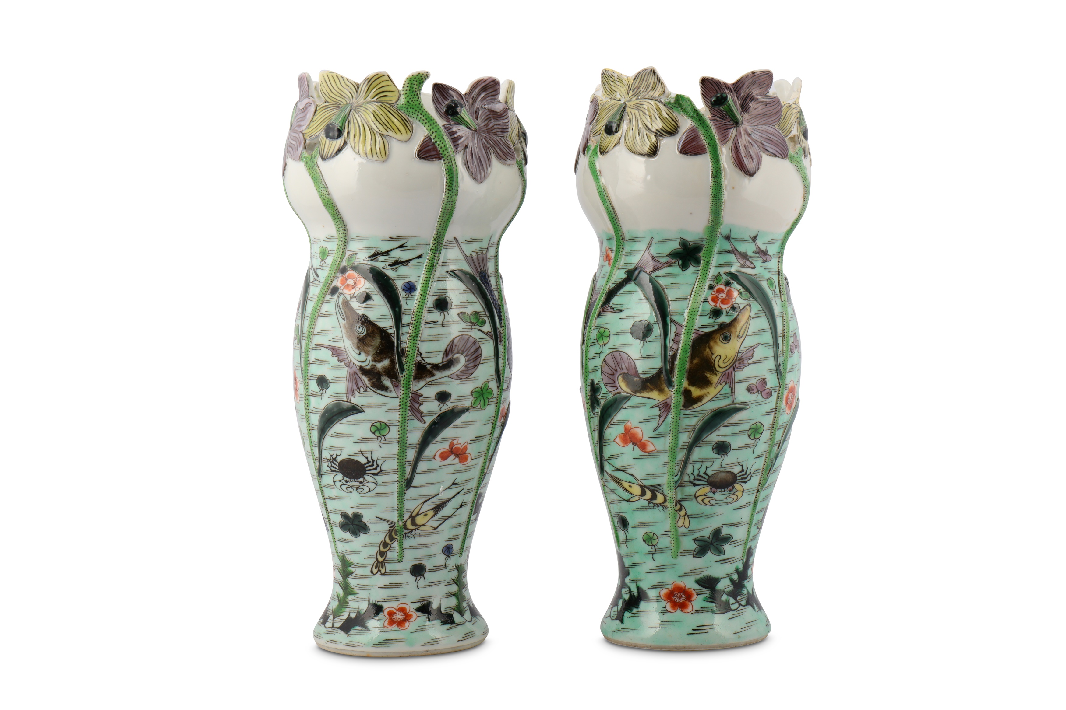 A PAIR OF CHINESE FAMILLE VERTE 'FISH POND' VASES.