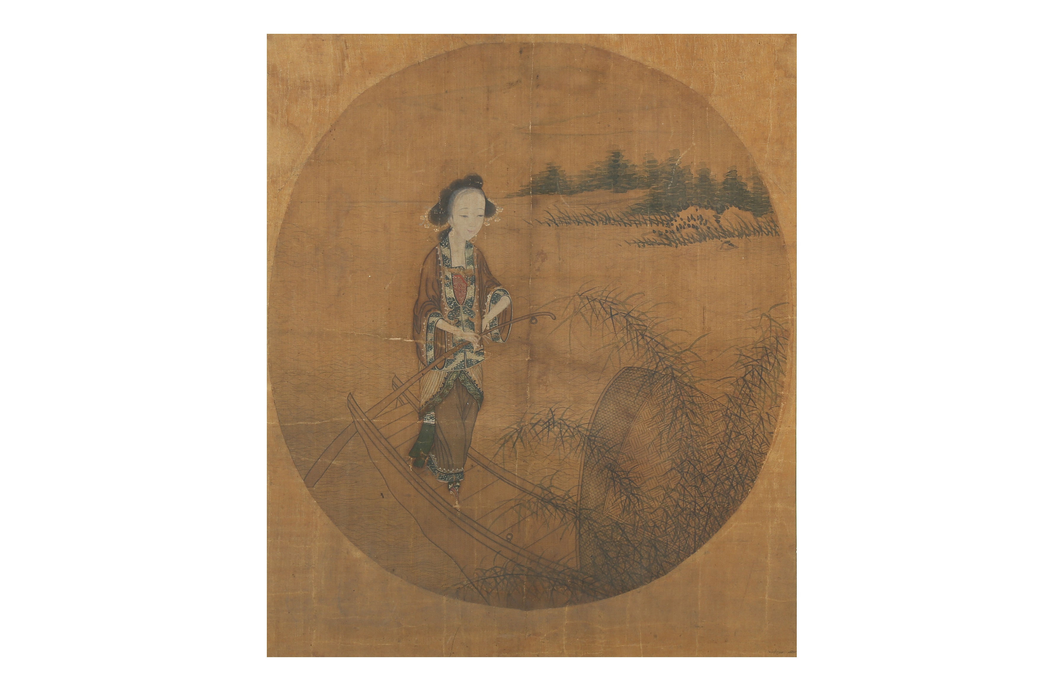 A CHINESE OVAL PAINTING OF A LADY ON A SAMPAN.