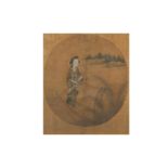 A CHINESE OVAL PAINTING OF A LADY ON A SAMPAN.