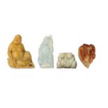 TWO CHINESE JADE CARVINGS, A SOAPSTONE FIGURE AND AN AGATE WASHER.
