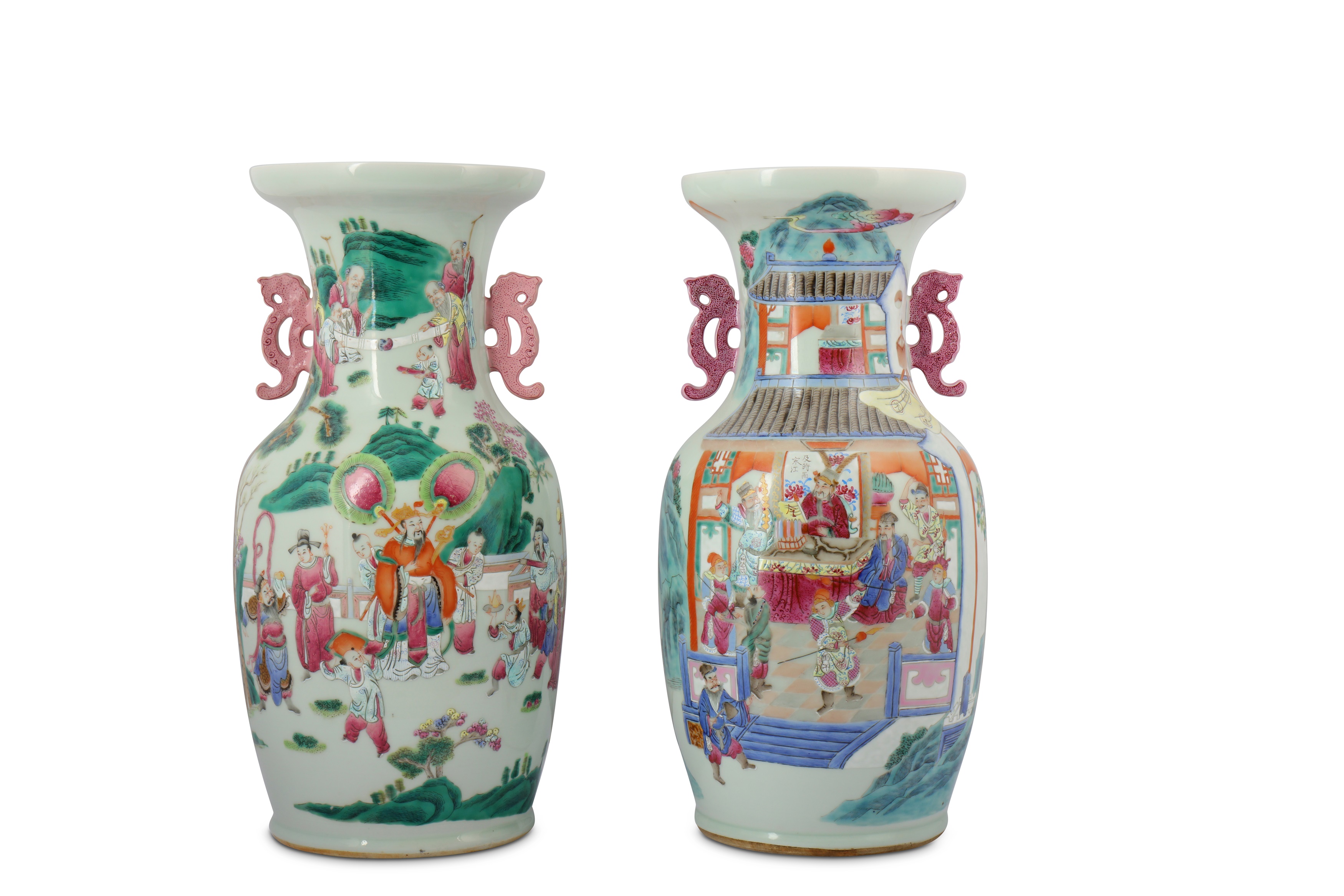 † A PAIR OF CHINESE FAMILLE ROSE FIGURATIVE VASES.