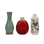 TWO CHINESE SNUFF BOTTLES AND A MINIATURE VASE.