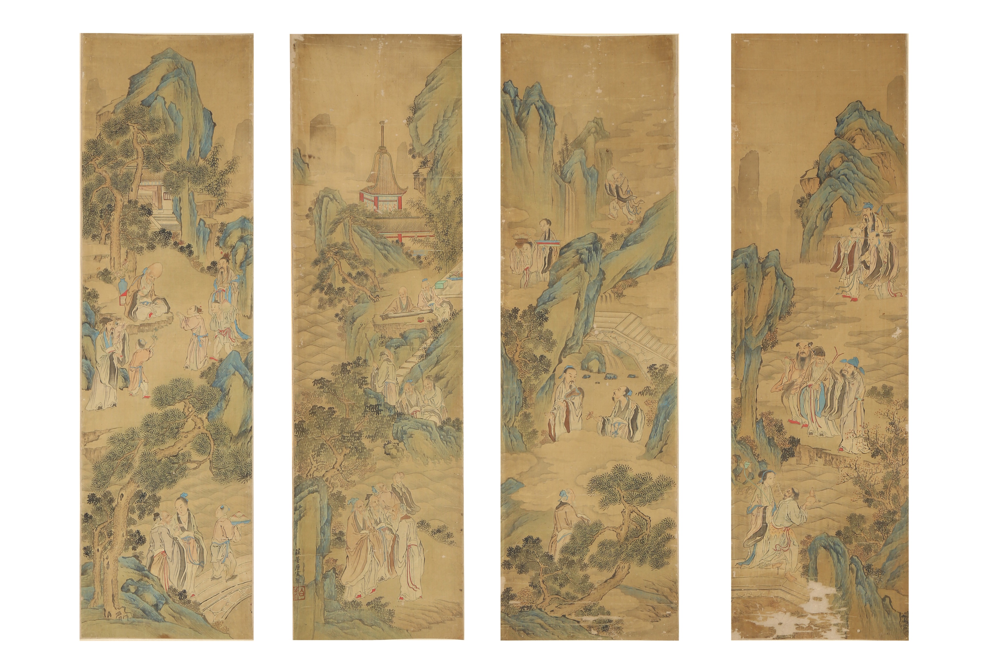 A SET OF FOUR CHINESE 'IMMORTALS' HANGING SCROLL PAINTINGS.