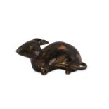 A CHINESE GOLD SPLASHED SILVER AND BRONZE INLAID BRONZE 'RAT' PAPERWEIGHT.