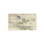 A CHINESE HANGING SCROLL PAINTING OF A LADY ON A TERRACE.
