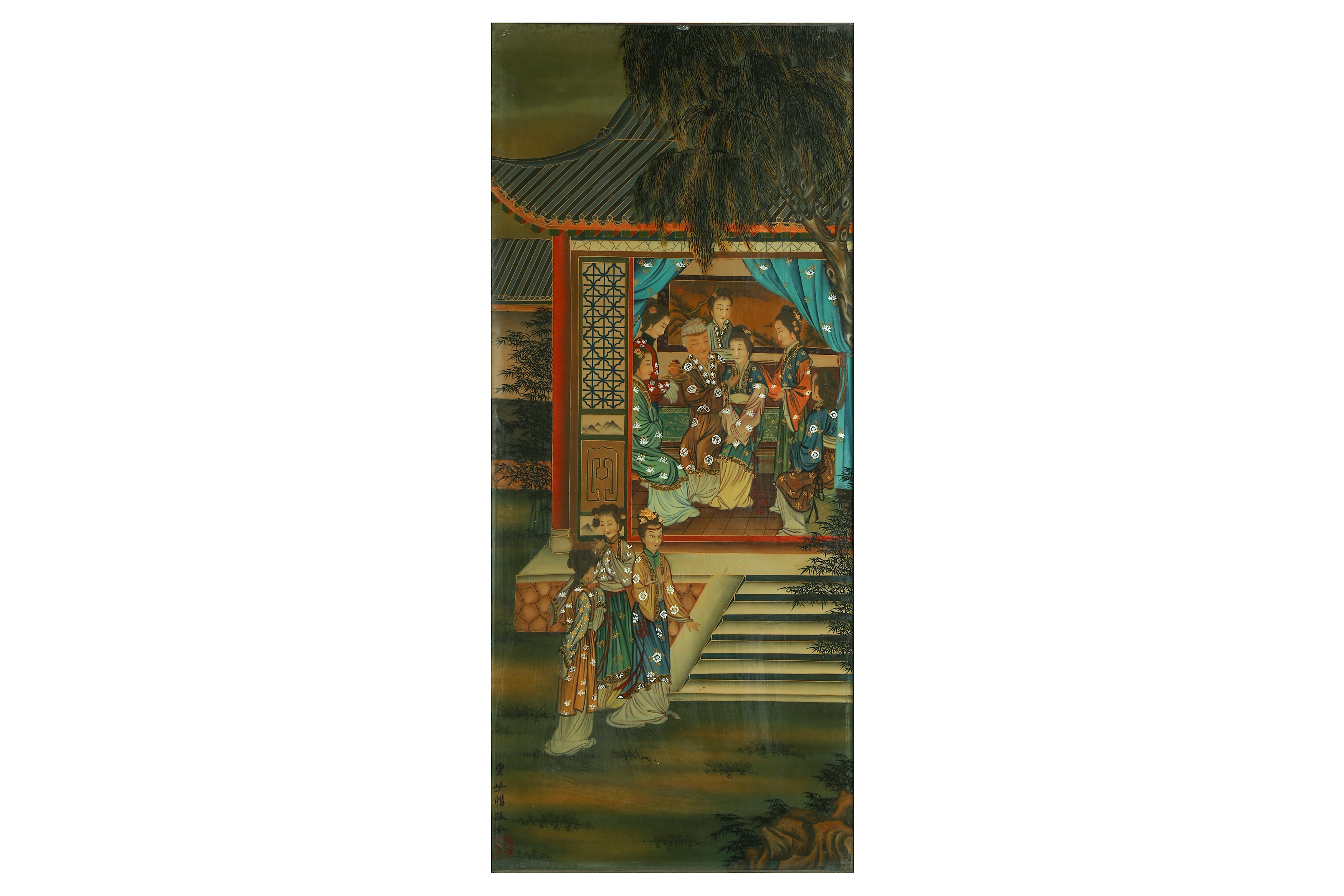 A CHINESE REVERSE GLASS PAINTING OF LADIES.