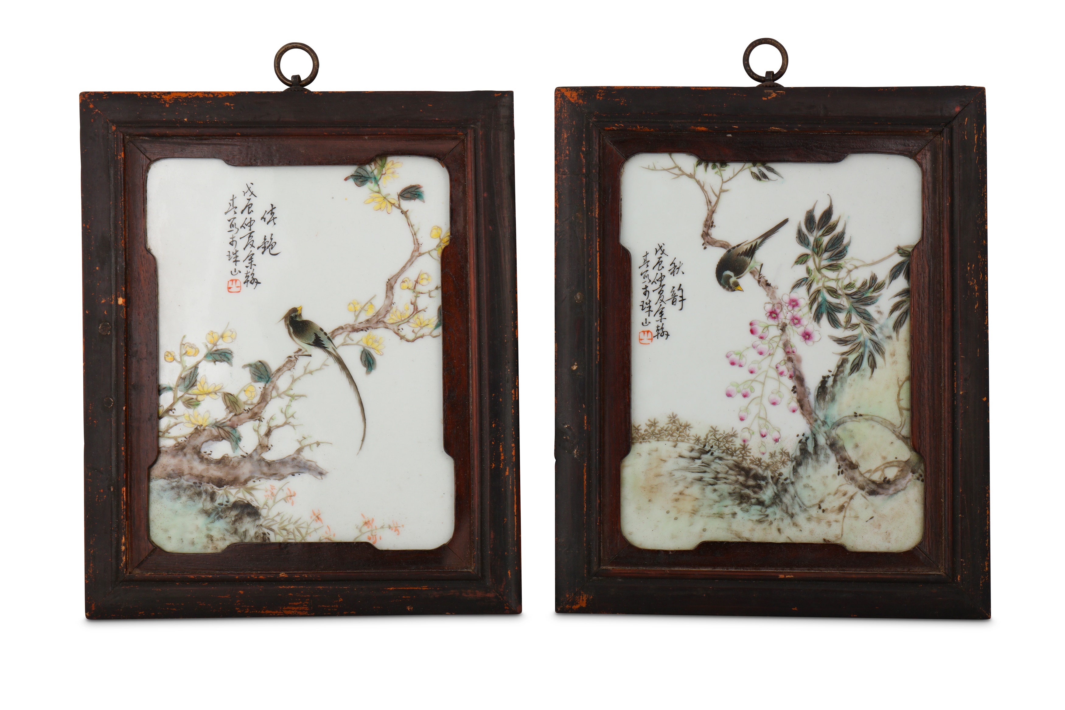 A PAIR OF CHINESE FAMILLE ROSE 'BIRDS' PANELS.