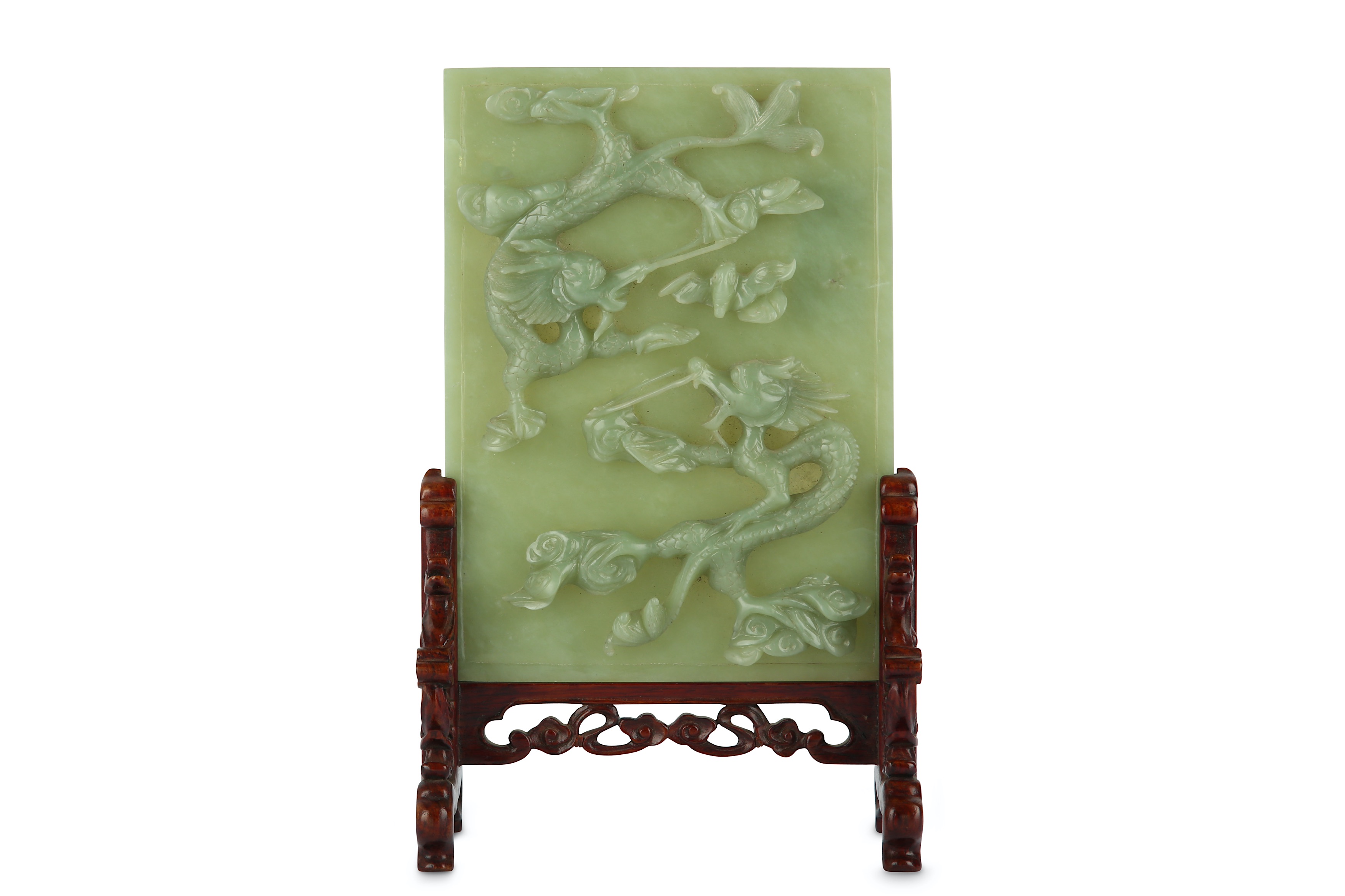 A CHINESE PALE CELADON JADE RECTANGULAR 'DRAGON' TABLE SCREEN.