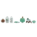 A SMALL GROUP OF JADEITE CARVINGS AND INSIDE-PAINTED SNUFF BOTTLES.