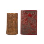 A CHINESE CINNABAR LACQUER BOX AND COVER AND A BAMBOO BRUSHPOT, BITONG.