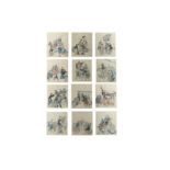 A SET OF TWELVE CHINESE PAINTINGS OF STREET PERFORMERS AND TRADERS.