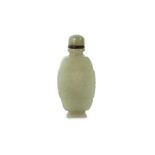 A CHINESE PALE CELADON JADE 'TAOTIE MASK' SNUFF BOTTLE.