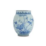 A SMALL BLUE AND WHITE 'BIRD AND FLOWER' JAR.