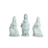 THREE SMALL CHINESE BLANC-DE-CHINE FIGURES OF GUANYIN.