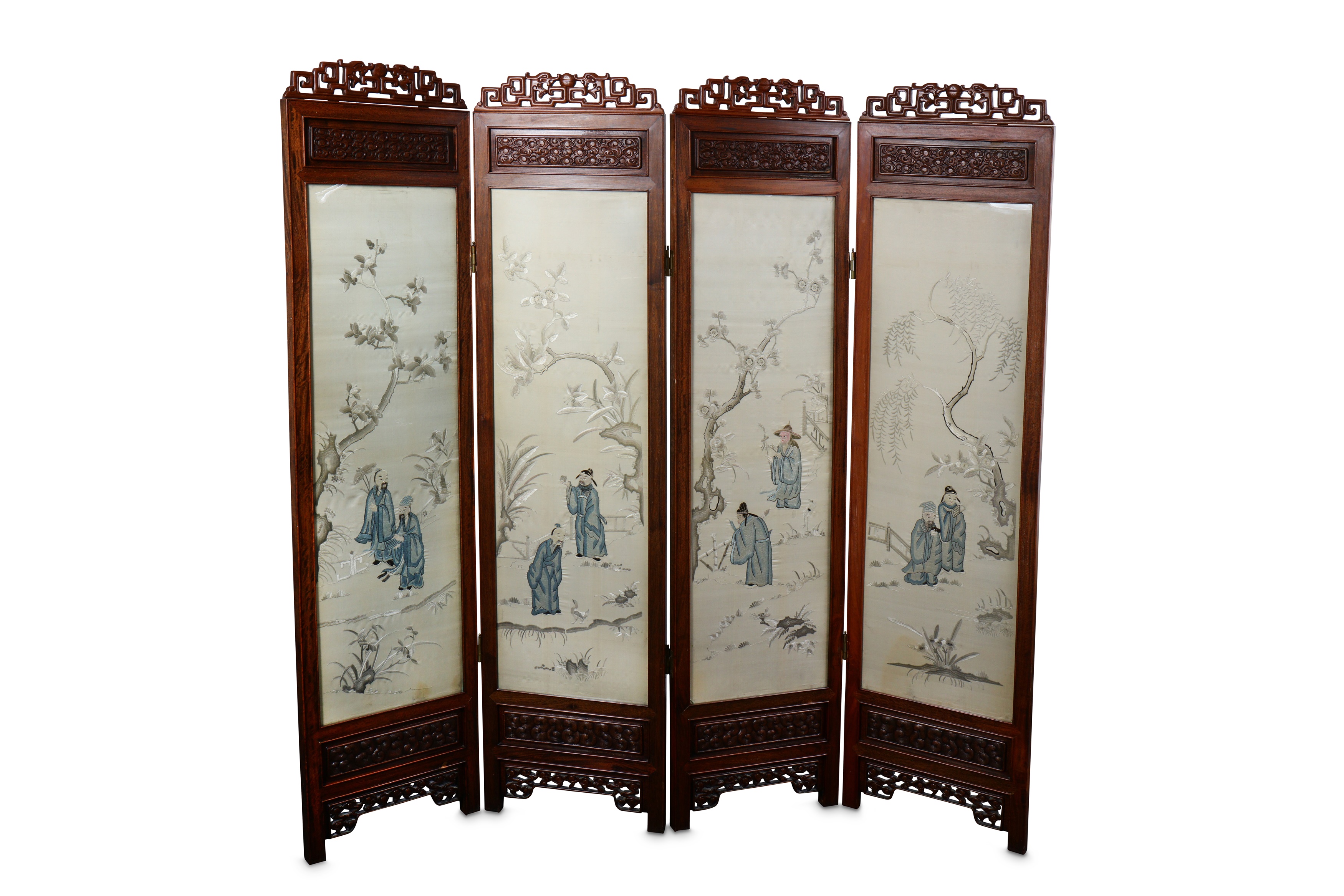 A CHINESE EMBROIDERED FOUR-PANEL 'SCHOLARS' SCREEN.