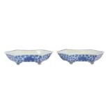 A PAIR OF CHINESE BLUE AND WHITE HEXAGONAL JARDINIERES.