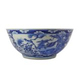 A LARGE CHINESE BLUE AND WHITE 'HUNDRED BIRDS' BOWL.