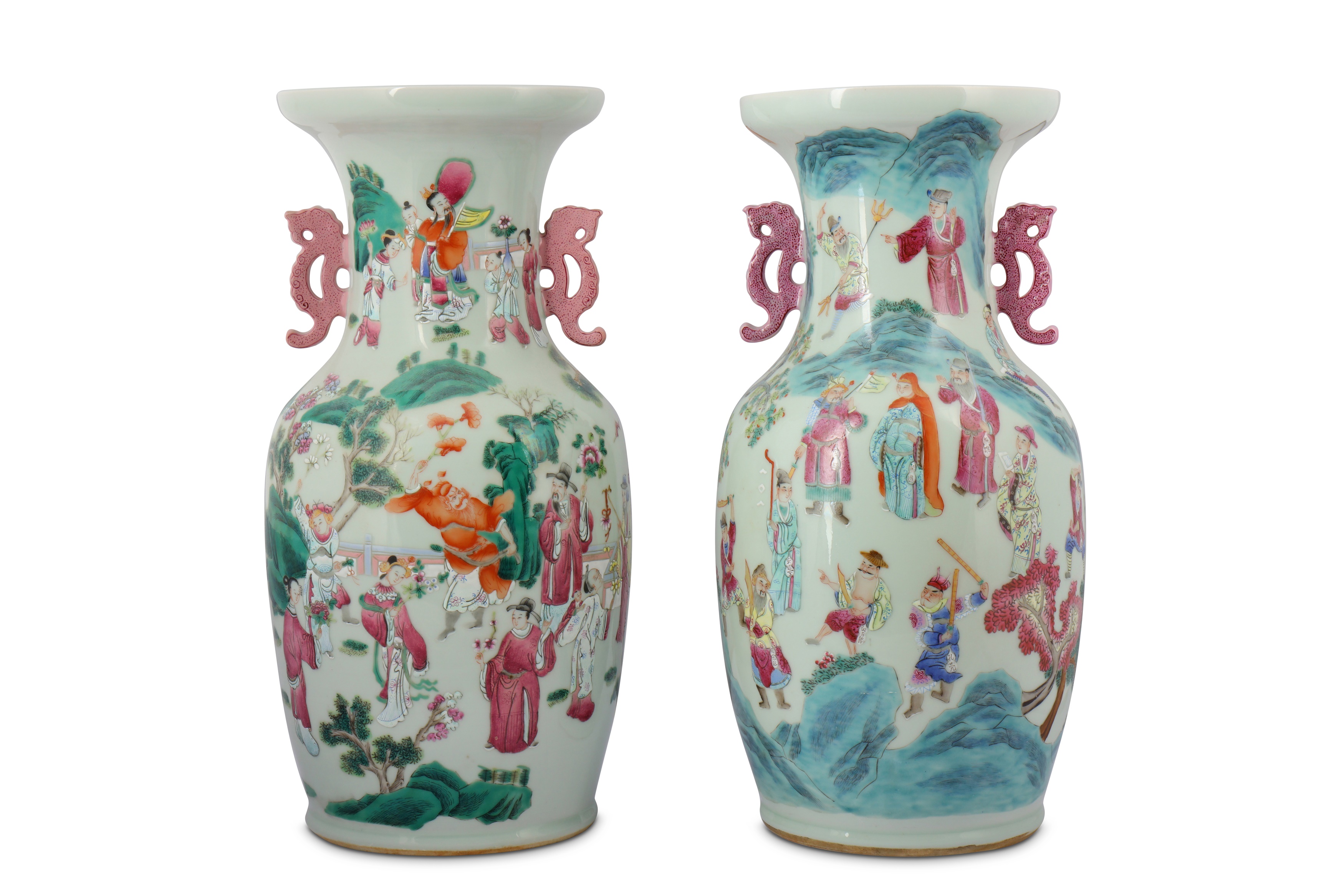 † A PAIR OF CHINESE FAMILLE ROSE FIGURATIVE VASES. - Image 2 of 2