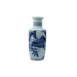 A CHINESE BLUE AND WHITE FIGURATIVE ROULEAU VASE.