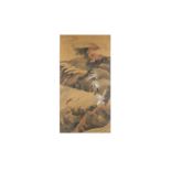 A CHINESE PAINTING OF HUNTERS IN A LANDSCAPE.
