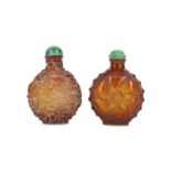 TWO CHINESE BROWN GLASS SNUFF BOTTLES.