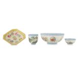 THREE CHINESE EGGSHELL PORCELAIN BOWLS AND A FAMILLE ROSE STEM DISH.