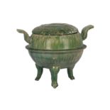 A CHINESE GREEN-GLAZED TRIPOD INCENSE BURNER AND COVER.