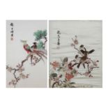 TWO CHINESE EMBROIDERED PANELS OF BIRDS AND FLOWERS.