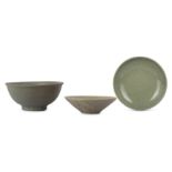 THREE CHINESE CELADON-GLAZED DISHES.